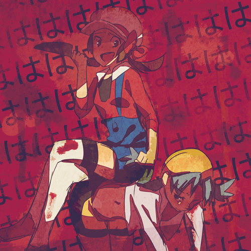 all_fours bike_shorts blood blood_stain blue_hair brown_hair cabbie_hat crazy crossed_legs crystal_(pokemon) femdom hair_grab hat human_chair human_furniture knife kotone_(pokemon) laughing lowres multiple_girls open_mouth overalls pokemon pokemon_(game) pokemon_gsc raemz red sitting sitting_on_person thighhighs twintails weee_(raemz) yandere