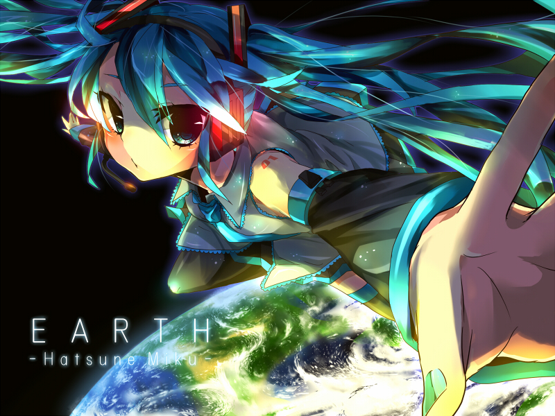 aqua_hair blush detached_sleeves earth hanasaki_coa hatsune_miku headset long_hair necktie skirt thigh-highs thighhighs twintails vocaloid