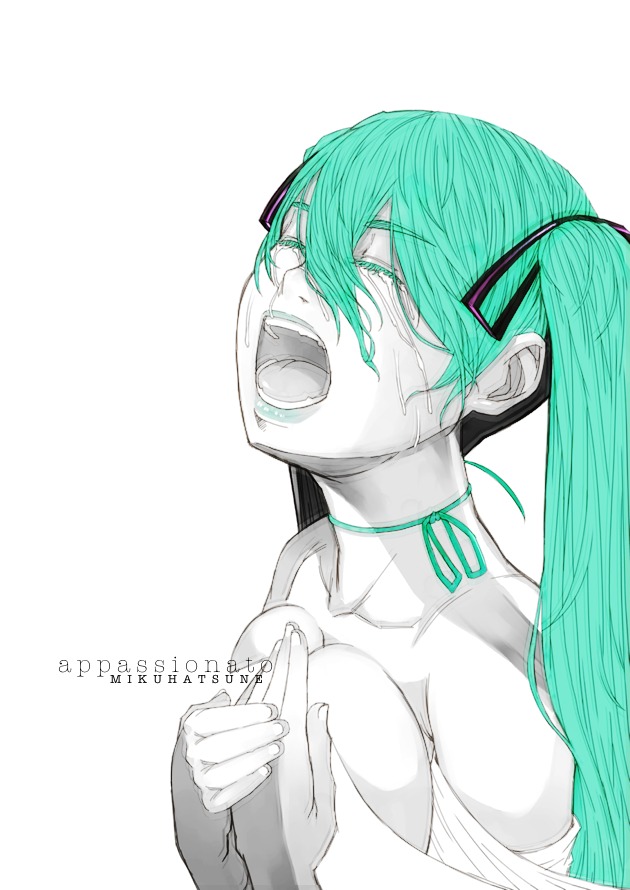 breasts cleavage colored_eyelashes green_hair hatsune_miku long_hair monochrome open_mouth recube simple_background spot_color tears twintails very_long_hair vocaloid white_background