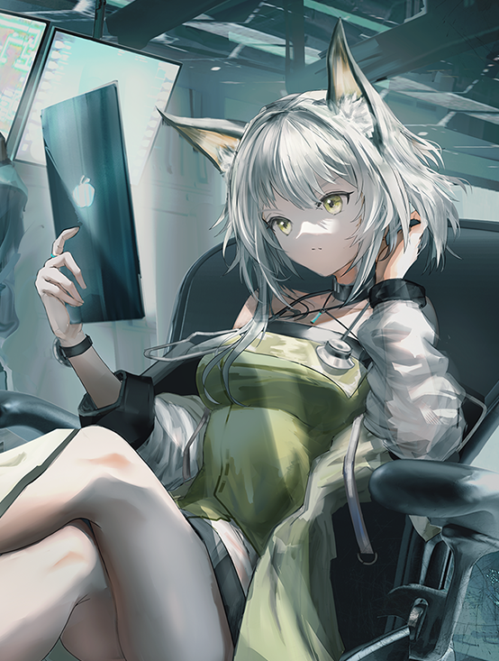 1girl animal_ear_fluff animal_ears arknights breasts cat_ears chair closed_mouth commentary_request crossed_legs dress green_dress green_eyes hand_in_hair holding holding_tablet_pc indoors kal'tsit_(arknights) long_hair long_sleeves medium_breasts official_art sample short_dress silver_hair sitting solo stethoscope swav tablet_pc watch watch