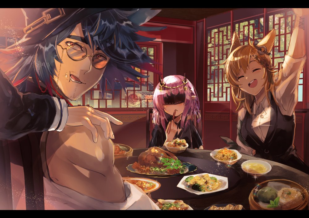 1boy 2girls animal_ears arknights arm_up bamboo_steamer bird black_dress black_shirt black_vest blindfold blonde_hair blue_hair breasts chopsticks chopsticks_in_mouth closed_eyes closed_mouth collared_shirt commentary_request dim_sum dish dress duck ear_ornament eating food fried_food glasses hand_on_another's_shoulder holding holding_chopsticks horn_ornament horns indoors kroos_(arknights) lava_(arknights) lava_the_purgatory_(arknights) light_blush light_particles long_hair looking_at_viewer looking_back medium_hair mr._nothing_(arknights) multiple_girls muscular muscular_male off_shoulder ohayashi55 oni oni_horns open_mouth orange_eyes parted_lips pink_hair plate pointy_ears rabbit_ears shirt sitting sleeveless sleeveless_shirt smile soup sparkle spring_onion table teeth tree vest white_shirt