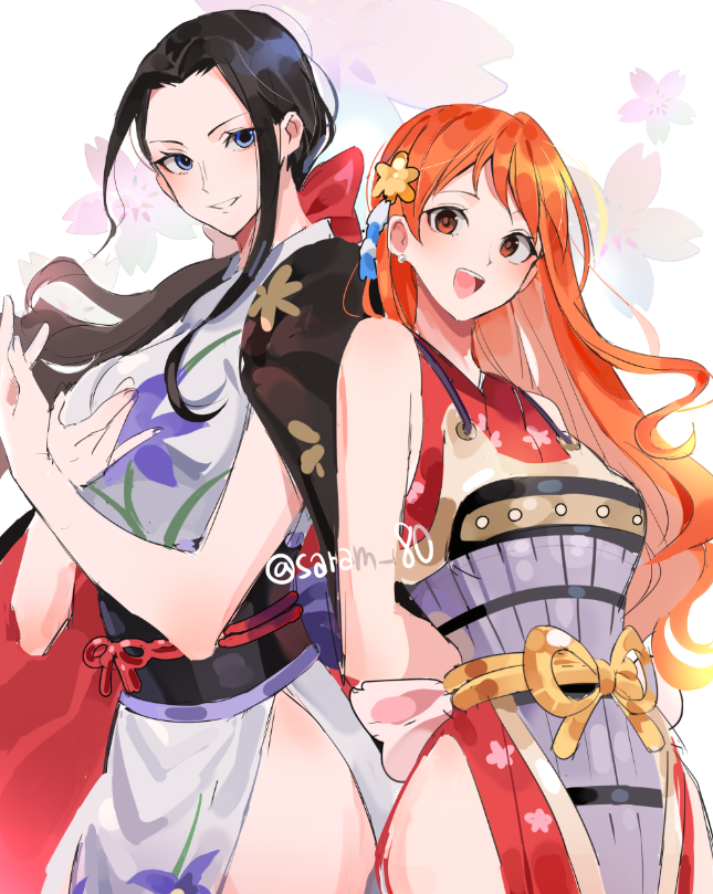 2girls :d armor artist_name black_hair blue_eyes commentary english_commentary flower hair_flower hair_ornament hair_ribbon happy japanese_armor japanese_clothes joman kimono long_hair looking_at_viewer multiple_girls nami_(one_piece) nico_robin one_piece open_mouth orange_eyes orange_hair ponytail ribbon smile standing twitter_username wavy_hair