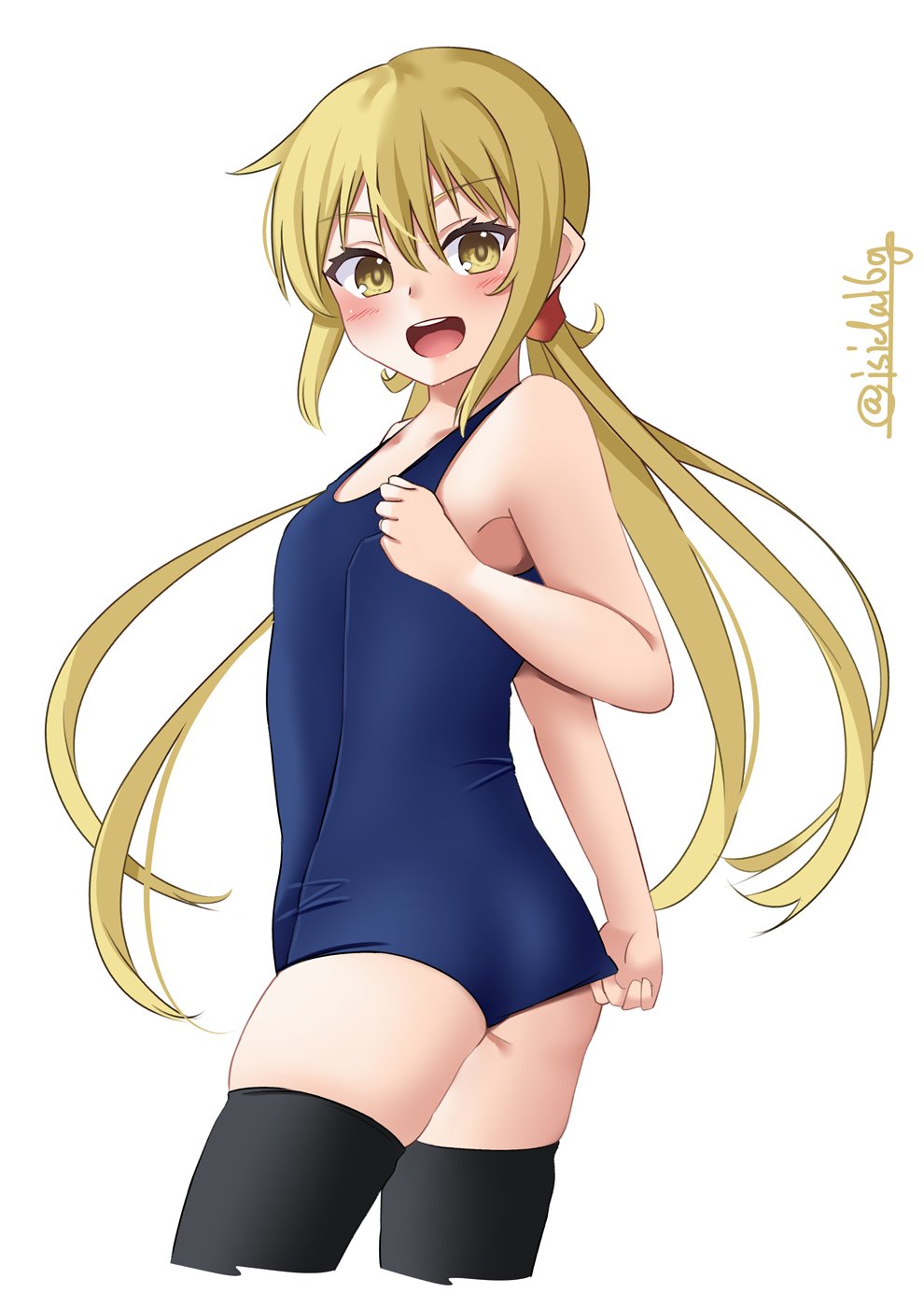 1girl adjusting_clothes adjusting_swimsuit ass back black_legwear blonde_hair blue_swimsuit blush collarbone eyebrows_visible_through_hair flat_chest hair_between_eyes highres ishida_arata kantai_collection long_hair looking_to_the_side low_twintails old_school_swimsuit open_mouth satsuki_(kancolle) school_swimsuit smile solo swimsuit thigh-highs twintails twitter_username