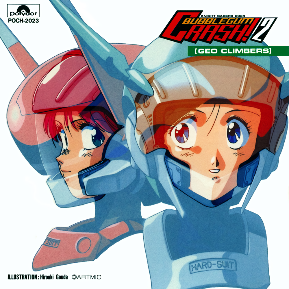 1980s_(style) 2girls artist_name black_hair blue_eyes bubblegum_crash! bubblegum_crisis copyright_name helmet linna_yamazaki logo multiple_girls nene_romanova official_art pink_hair portrait retro_artstyle simple_background smile transparent white_background