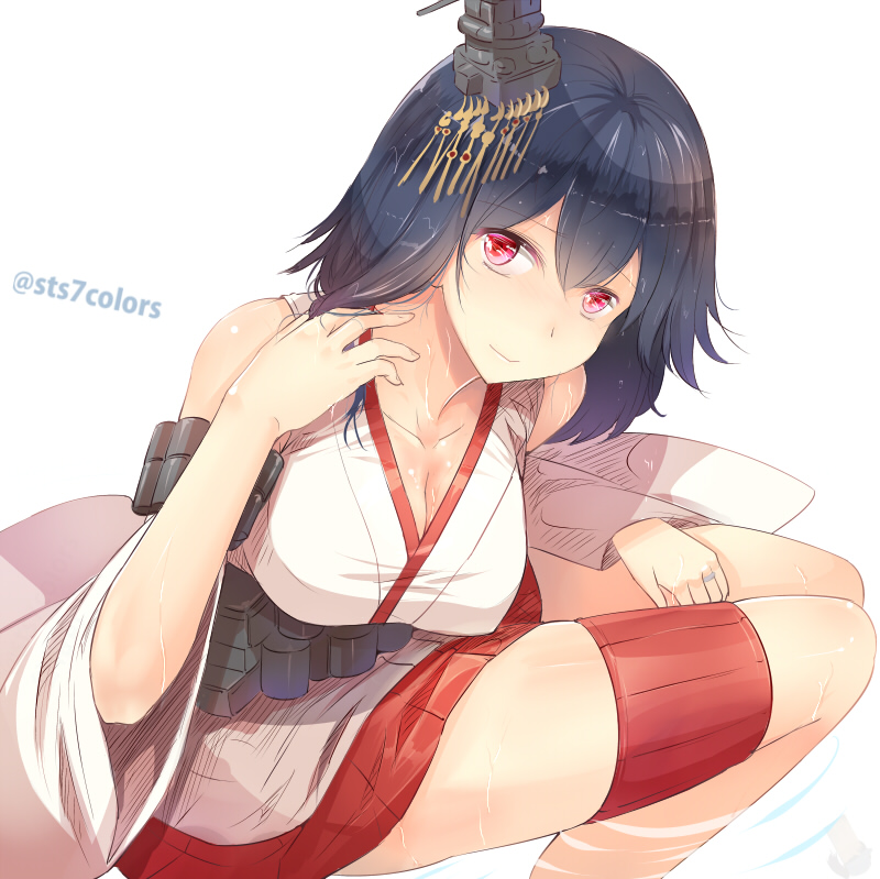 1girl bare_shoulders black_hair blush breasts detached_sleeves eyebrows_visible_through_hair floral_print gradient gradient_background hair_ornament hair_ribbon highres japanese_clothes kantai_collection large_breasts nontraditional_miko red_eyes remodel_(kantai_collection) ribbon short_hair signature solo sts7colors upper_body wide_sleeves yamashiro_(kancolle) yamashiro_(kantai_collection)