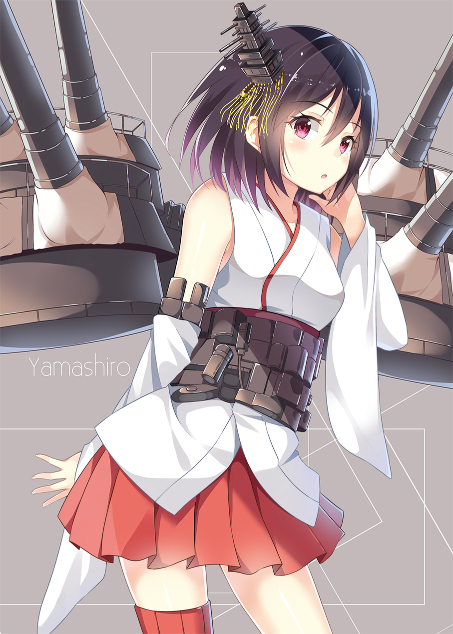 1girl bare_shoulders black_hair blush breasts detached_sleeves eyebrows_visible_through_hair floral_print gradient gradient_background hair_ornament hair_ribbon highres japanese_clothes kantai_collection large_breasts nontraditional_miko red_eyes remodel_(kantai_collection) ribbon short_hair signature solo upper_body wide_sleeves yamashiro_(kancolle) yamashiro_(kantai_collection) yotsuba_haru