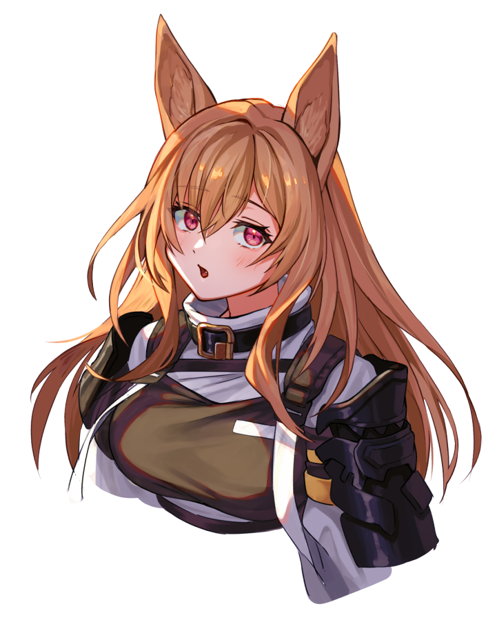 1girl animal_ears arknights armor bangs belt_buckle breasts brown_hair buckle ceobe_(arknights) collar commentary_request dog_ears eyebrows_visible_through_hair eyes_visible_through_hair fang hair_between_eyes light_blush long_hair long_sleeves looking_at_viewer open_mouth red_eyes shoulder_armor simple_background solo strap sweater tanagawa_makoto translucent_hair upper_body white_background white_sweater