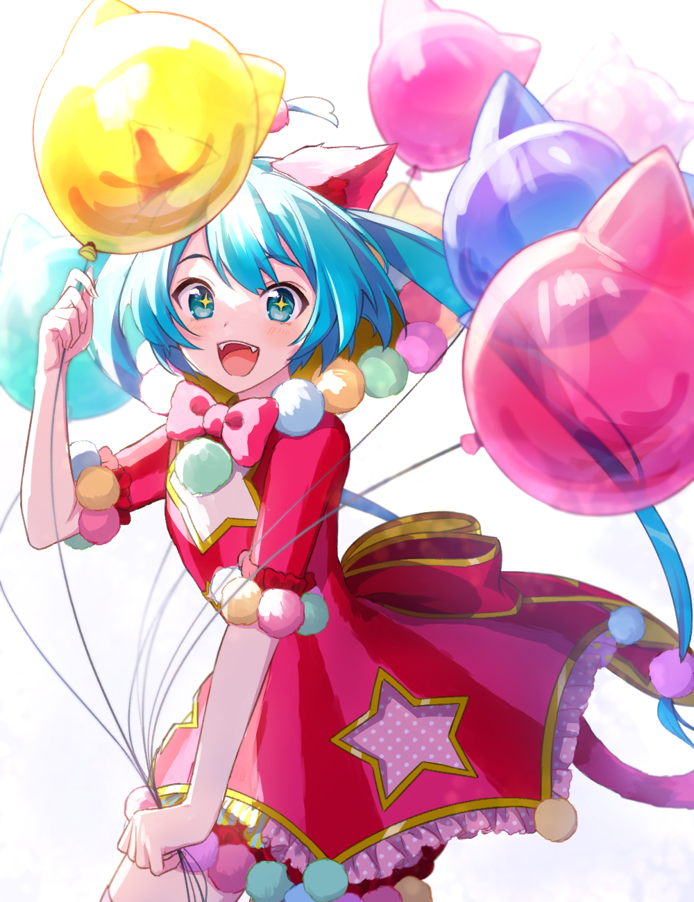 +_+ 1girl akabino animal_ears aqua_hair balloon commentary_request dress fake_animal_ears happy hatsune_miku highres holding holding_balloon long_hair looking_at_viewer open_mouth pink_dress project_sekai short_sleeves simple_background smile solo tagme twintails vocaloid white_background