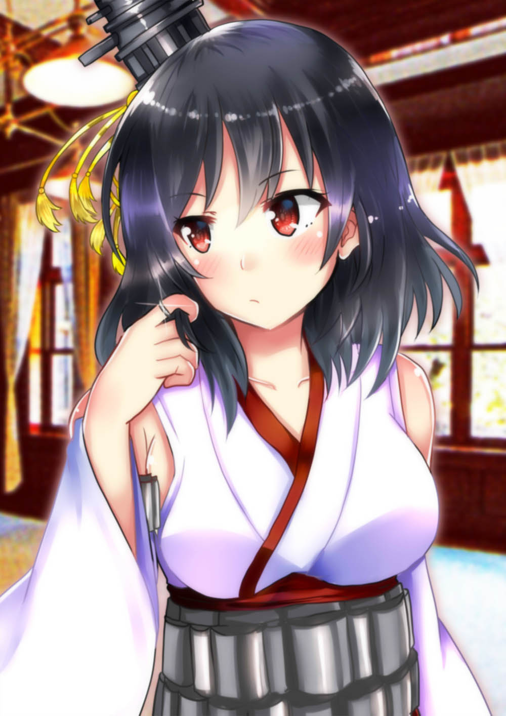 1girl bare_shoulders black_hair blush breasts detached_sleeves eyebrows_visible_through_hair floral_print gradient gradient_background hair_ornament hair_ribbon highres himura_moritaka japanese_clothes kantai_collection large_breasts nontraditional_miko red_eyes remodel_(kantai_collection) ribbon short_hair signature solo upper_body wide_sleeves yamashiro_(kancolle) yamashiro_(kantai_collection)