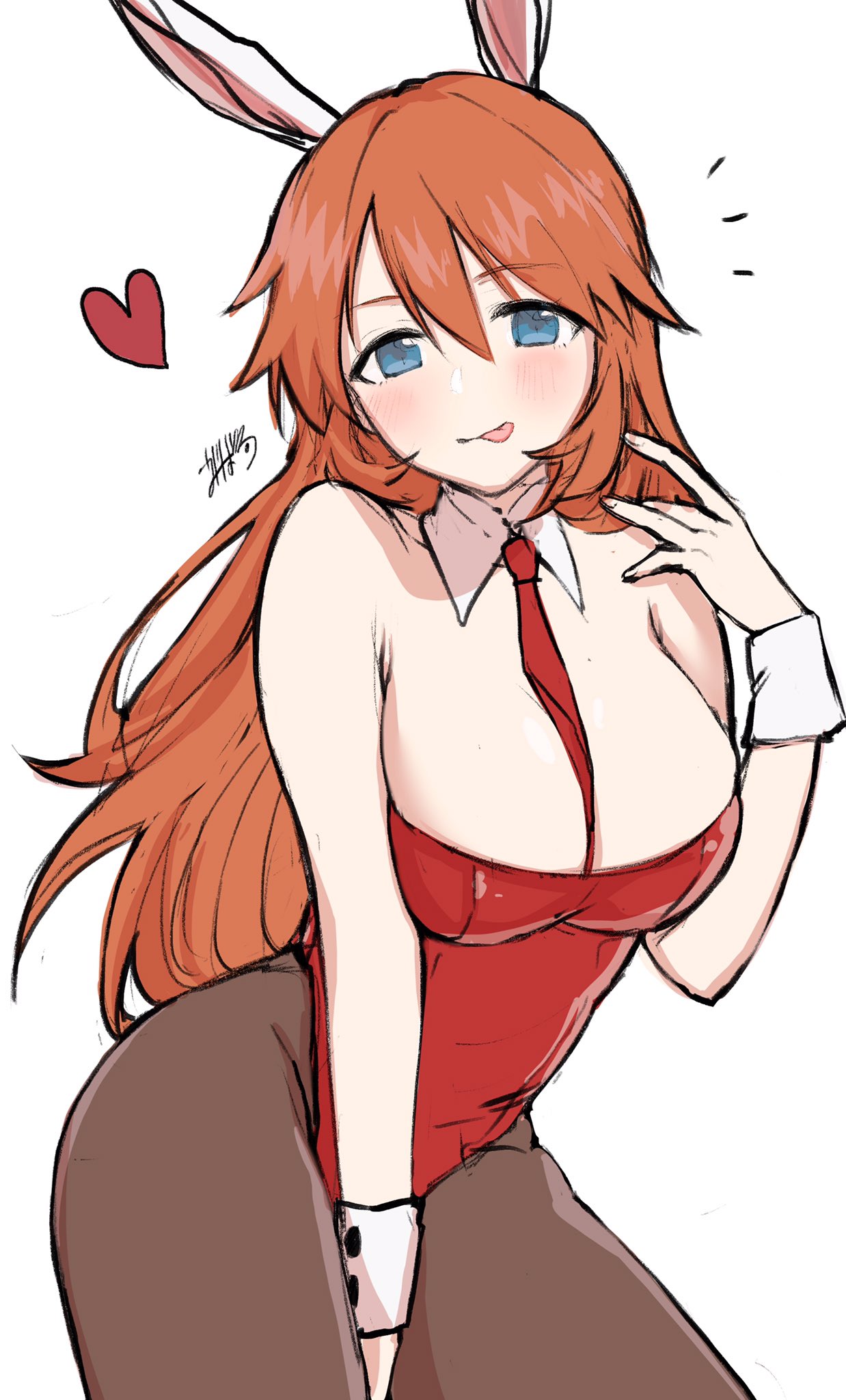 1girl :p alternate_costume animal_ears bangs between_breasts black_legwear blue_eyes blush breasts charlotte_e._yeager commentary_request emirio_(emirio110) hair_between_eyes heart highres large_breasts leotard long_hair looking_at_viewer necktie necktie_between_breasts orange_hair pantyhose playboy_bunny rabbit_ears red_leotard red_necktie signature simple_background solo strike_witches tongue tongue_out very_long_hair white_background world_witches_series wrist_cuffs
