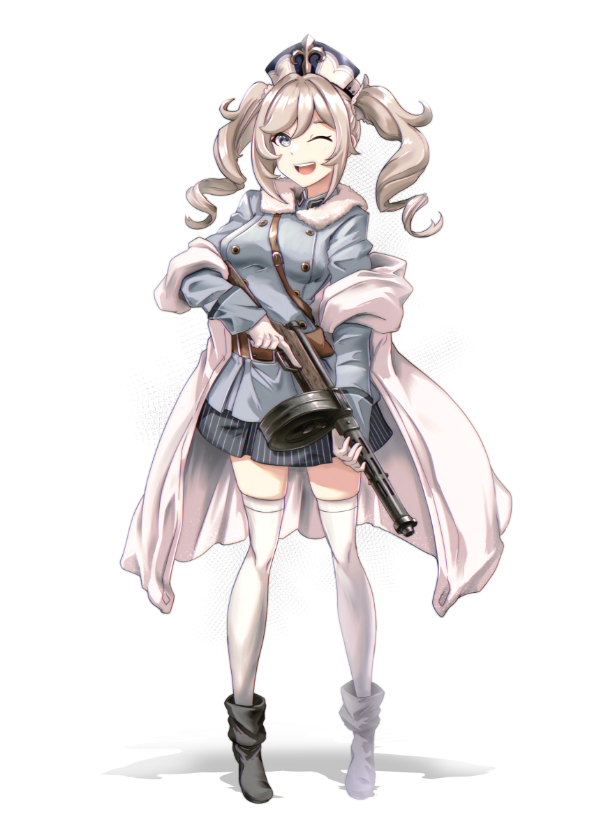 1girl barbara_(genshin_impact) black_footwear blonde_hair blue_jacket boots commission cosplay drill_hair full_body genshin_impact girls_frontline gloves grey_eyes gun haonfest highres holding holding_gun holding_weapon jacket long_sleeves miniskirt one_eye_closed skirt solo striped striped_skirt submachine_gun suomi_(girls'_frontline) suomi_(girls'_frontline)_(cosplay) suomi_kp/-31 thigh-highs twin_drills twintails vertical-striped_skirt vertical_stripes weapon white_gloves white_headwear white_legwear