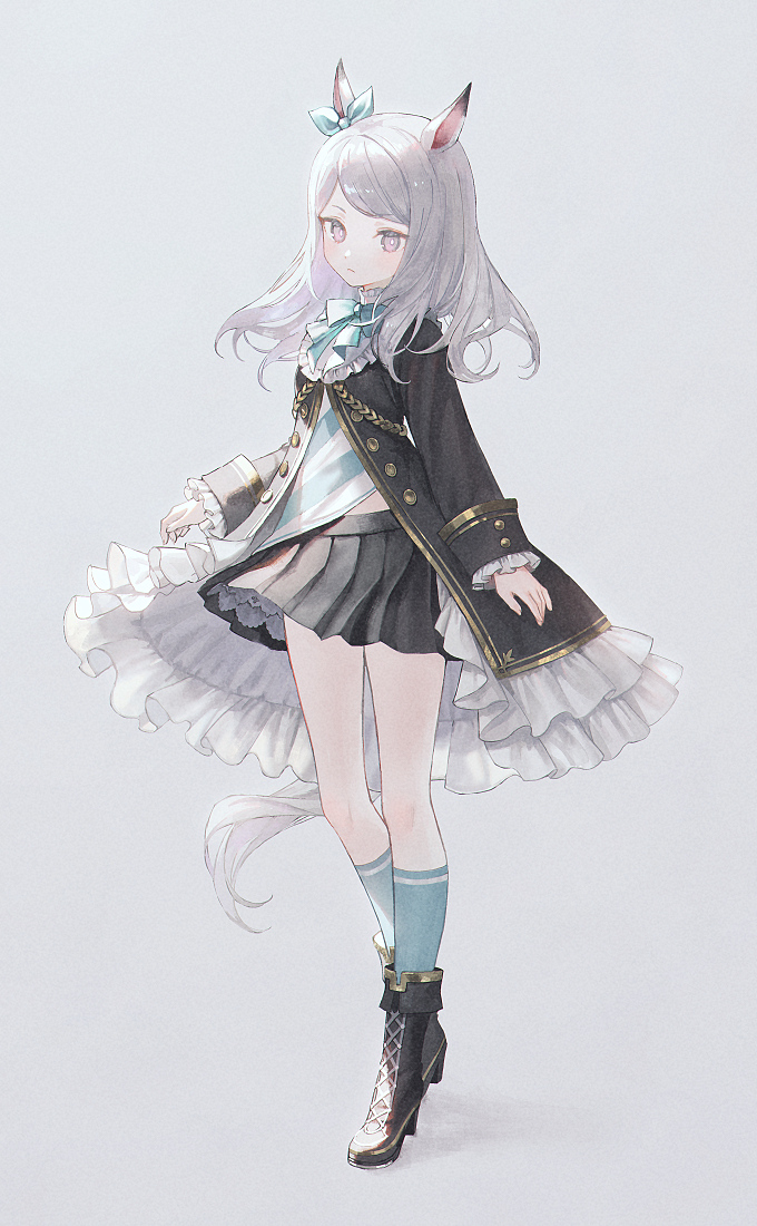 1girl 21_(eotyq58d6do16cs) animal_ears black_coat black_footwear black_skirt blush boots bow bowtie closed_mouth coat collar collared_jacket cross-laced_footwear ear_bow frilled_collar frills frown full_body grey_background high_heel_boots high_heels horse_ears horse_girl horse_tail kneehighs lace-up_boots long_hair long_sleeves mejiro_mcqueen_(umamusume) miniskirt pleated_skirt purple_hair shirt skirt solo standing striped striped_shirt tail umamusume violet_eyes