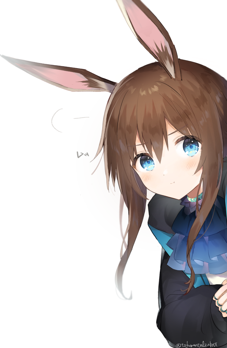 1girl :t amiya_(arknights) animal_ear_fluff animal_ears arknights black_jacket blue_eyes blue_neckwear blush brown_hair closed_mouth jacket long_hair long_sleeves looking_at_viewer peeking_out pout puffy_long_sleeves puffy_sleeves rabbit_ears shirt sidelocks simple_background solo toufu_mentaru_zabuton twitter_username white_background white_shirt