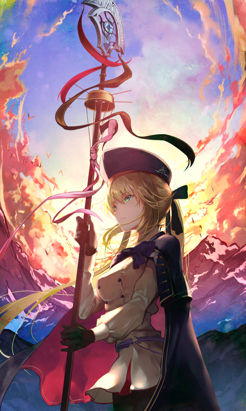 1girl artoria_pendragon_(caster)_(fate) artoria_pendragon_(fate) bangs black_gloves black_legwear blonde_hair bow bowtie breasts cloak clouds dusk eyebrows_behind_hair eyebrows_visible_through_hair fate/grand_order fate_(series) from_below gloves green_eyes hair_between_eyes hat highres holding holding_staff holding_weapon kainownill long_hair looking_to_the_side mountain ponytail ribbon sky solo staff thigh-highs weapon