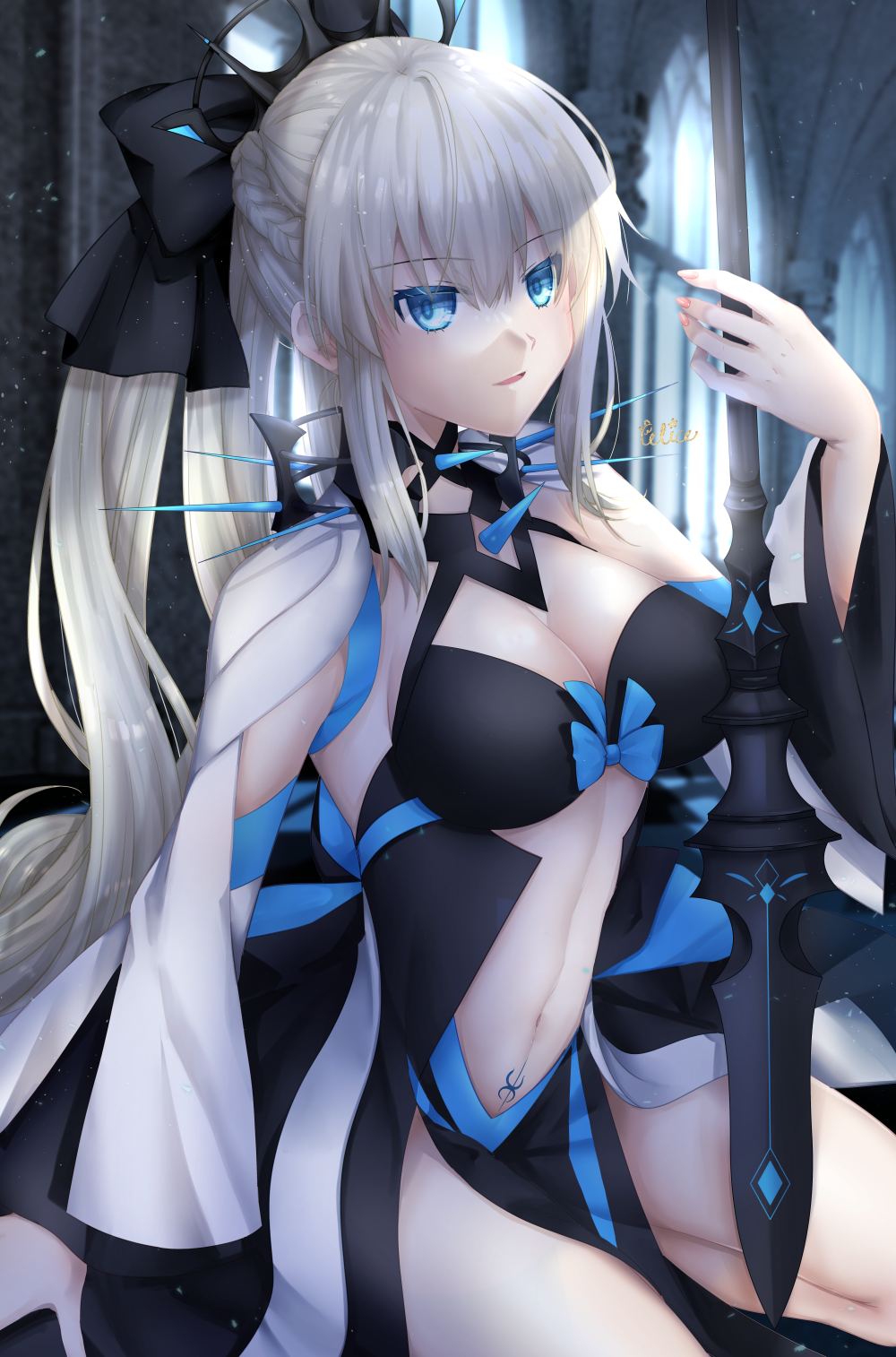 1girl alicexpixtweet bangs black_bow black_dress blue_eyes bow breasts center_opening cleavage_cutout closed_mouth clothing_cutout commentary dress eyebrows_visible_through_hair fate/grand_order fate_(series) fingernails hair_between_eyes hair_bow hair_ornament highres holding holding_staff holding_weapon large_breasts long_hair long_sleeves looking_at_viewer morgan_le_fay_(fate) navel night night_sky outdoors outstretched_arm ponytail pubic_tattoo serious sidelocks silver_hair sky solo staff star_(sky) tattoo tiara tree two-tone_dress upper_body very_long_hair weapon white_dress wide_sleeves