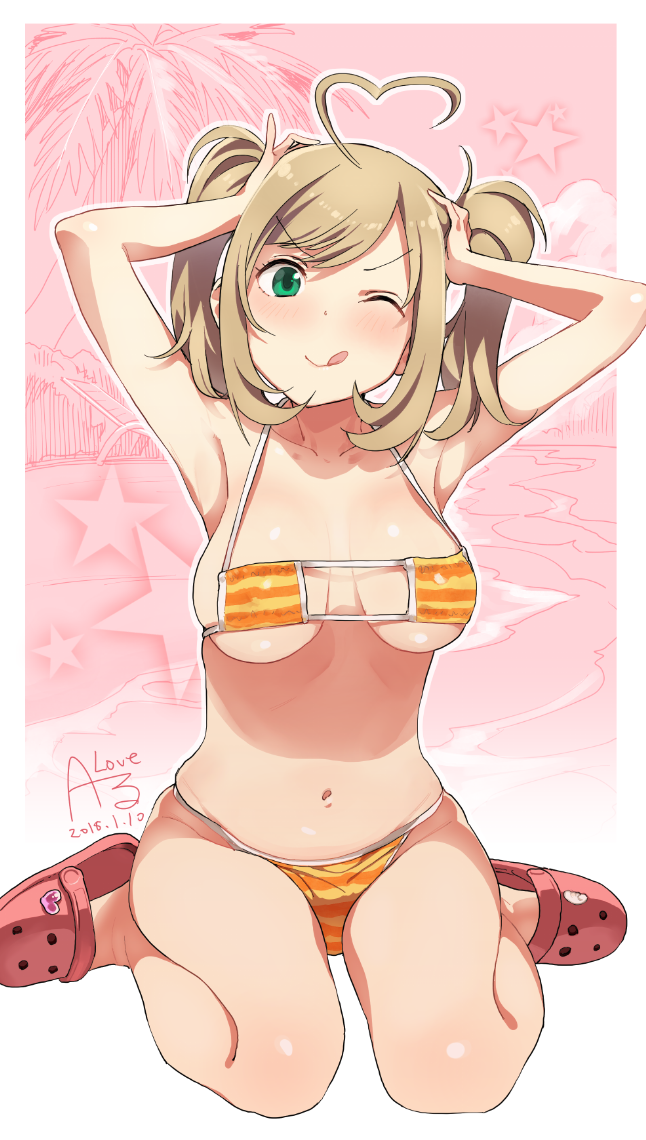 1girl ;q ahoge armpits arms_up bangs beach bikini blush breasts closed_mouth clouds collarbone colored_stripes crocs dated eyepatch_bikini full_body green_eyes heart_ahoge idolmaster idolmaster_cinderella_girls large_breasts looking_at_viewer one_eye_closed outline outside_border palm_tree pink_background red_footwear rkrk satou_shin shiny shiny_hair shiny_skin short_hair short_twintails sidelocks signature sitting skindentation smile solo star_(symbol) striped striped_bikini swept_bangs swimsuit tongue tongue_out tree twintails under_boob v-shaped_eyebrows wariza white_outline