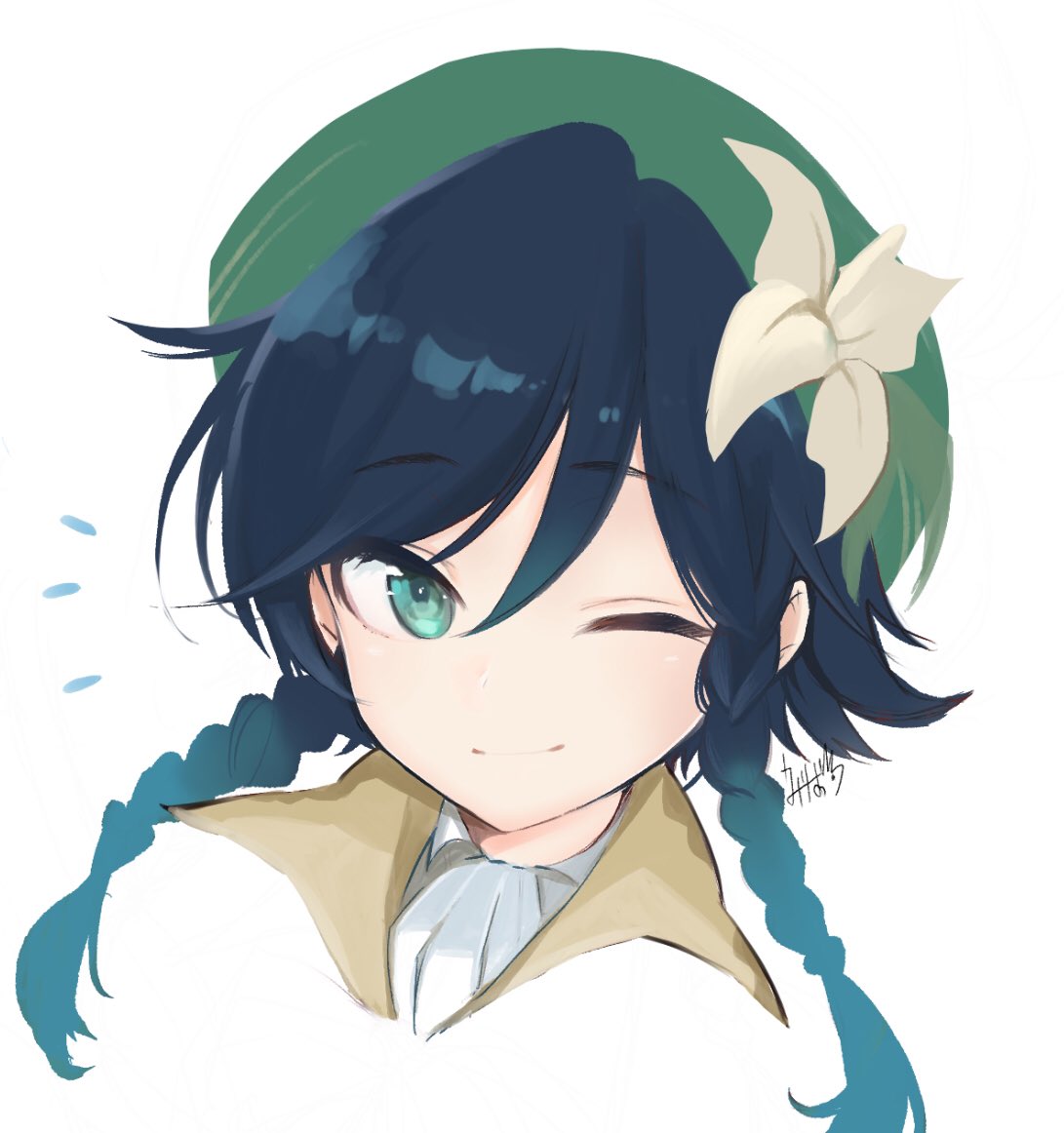 1boy bangs black_hair blue_eyes blue_hair braid cropped_shoulders emirio_(emirio110) eyebrows_visible_through_hair flower genshin_impact gradient_hair green_headwear hair_between_eyes hat hat_flower looking_at_viewer male_focus multicolored_hair one_eye_closed portrait signature smile solo twin_braids venti_(genshin_impact) white_background white_flower