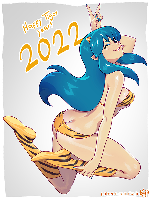 1980s_(style) 2022 animal_print aqua_eyes aqua_hair ass bikini english_text eyeshadow horns kajin_(kajinman) lum makeup oni oni_horns retro_artstyle strapless strapless_bikini swimsuit tiger_print urusei_yatsura v yellow_bikini