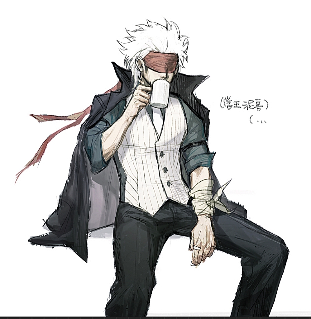 1boy ace_attorney bandaged_arm bandages black_jacket black_pants black_shirt blindfold buttons chinese_commentary chinese_text commentary_request cup drinking godot_(ace_attorney) godzillapigeon1 hand_up holding holding_cup jacket jacket_on_shoulders jewelry male_focus mug muted_color necktie open_clothes open_jacket pants phoenix_wright:_ace_attorney_-_trials_and_tribulations pinstripe_pattern pinstripe_vest ring shirt short_hair sitting sketch sleeves_rolled_up solo spread_legs striped translation_request vest white_hair white_necktie white_vest