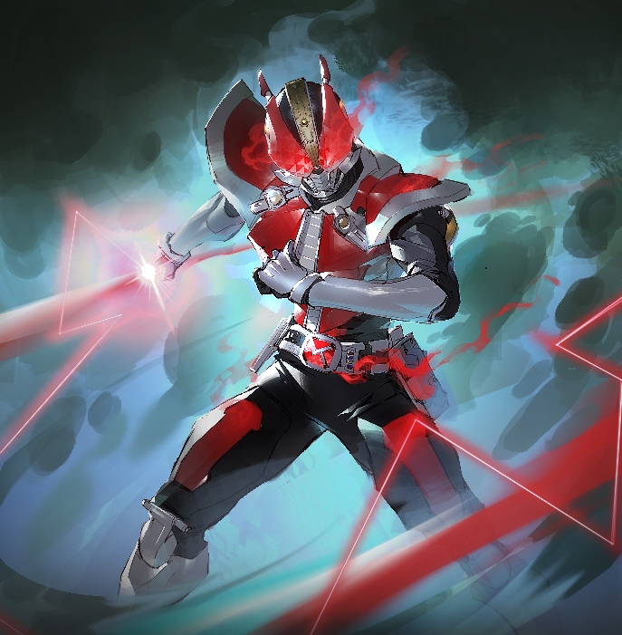 1boy attack black_bodysuit bodysuit cowboy_shot den-o_belt dengasher_sword_mode electricity finishing_move glowing glowing_eyes incoming_attack kamen_rider kamen_rider_den-o kamen_rider_den-o_(series) male_focus nicholas_f pose red_armor red_eyes rider_belt solo sword sword_form tokusatsu weapon