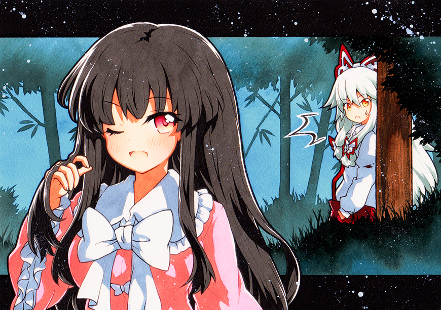 2girls bangs black_border black_hair blouse blue_background border bow bowtie breasts collar collared_blouse collared_shirt eyebrows_visible_through_hair forest from_side fujiwara_no_mokou gradient gradient_hair hair_between_eyes hair_bow hand_in_pocket hand_up houraisan_kaguya long_hair long_sleeves looking_at_another looking_at_viewer medium_breasts multicolored_bow multicolored_eyes multicolored_hair multiple_girls nature one_eye_closed open_mouth pants pink_blouse pink_eyes pink_sleeves puffy_long_sleeves puffy_sleeves qqqrinkappp red_bow red_eyes red_pants shirt silver_hair smile touhou traditional_media tree white_bow white_bowtie white_hair white_shirt white_sleeves wide_sleeves yellow_eyes