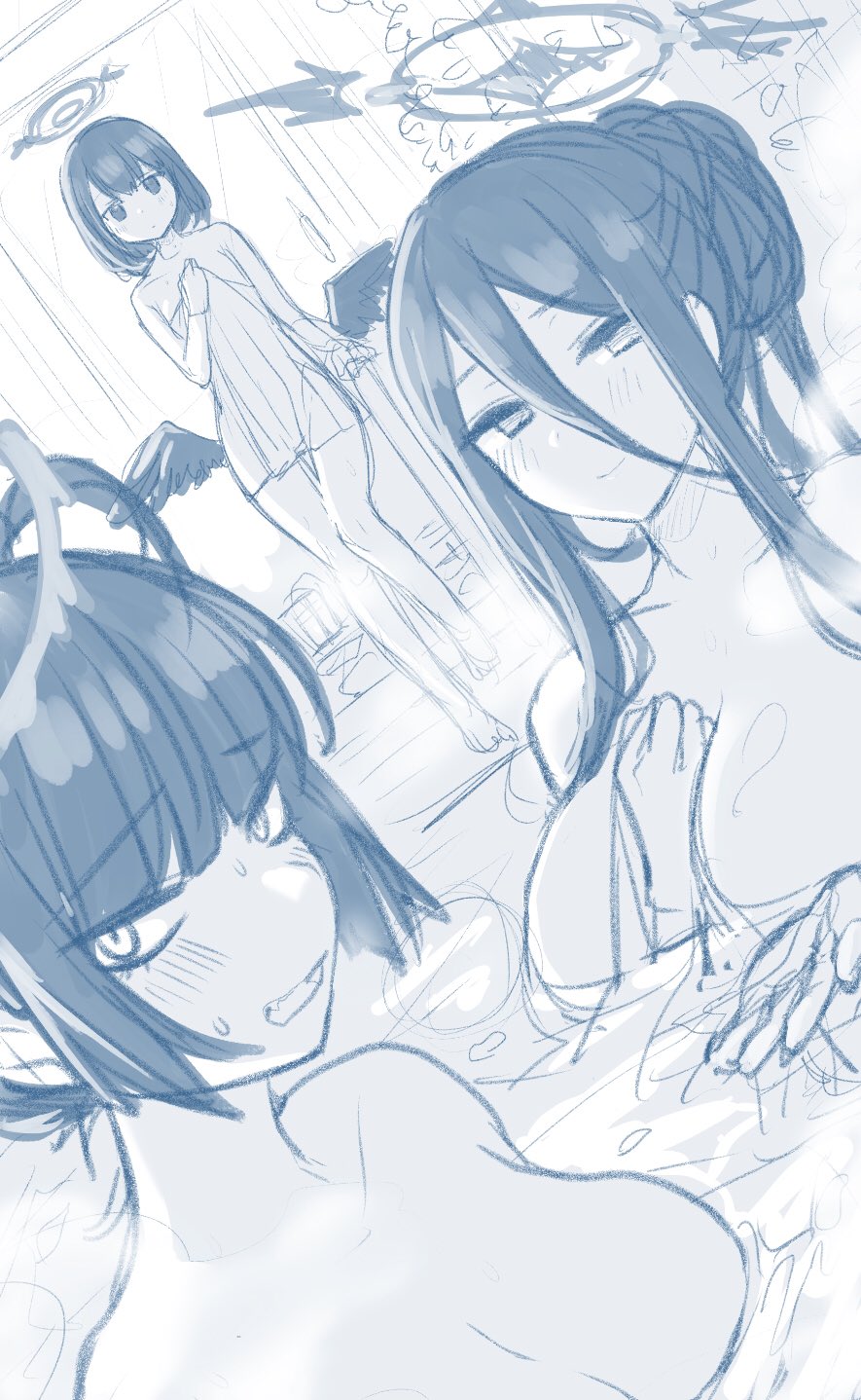 3girls ahoge alternate_hairstyle bangs bathing blue_archive blue_theme blush breasts emirio_(emirio110) fang feathered_wings hair_between_eyes hair_bun hair_up halo hasumi_(blue_archive) highres large_breasts long_hair looking_at_viewer low_wings mashiro_(blue_archive) monochrome multiple_girls naked_towel onsen parted_lips short_hair sketch towel tsurugi_(blue_archive) water wings