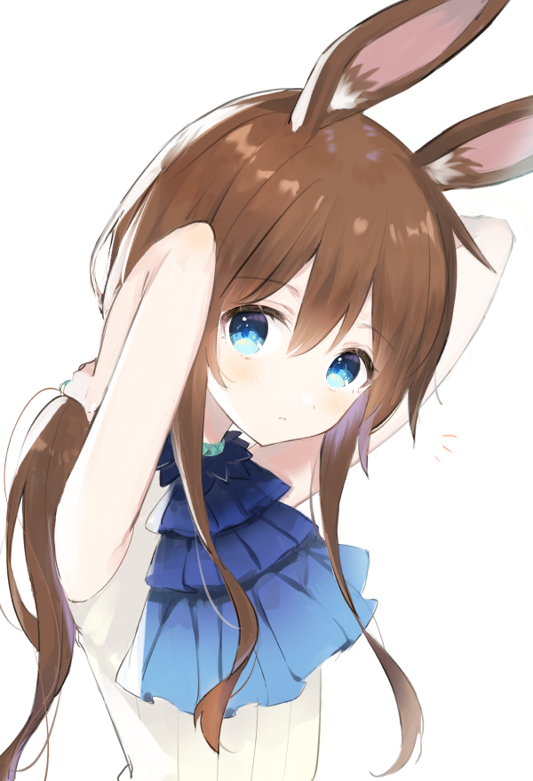 1girl amiya_(arknights) animal_ear_fluff animal_ears arknights bangs bare_arms bare_shoulders blue_eyes blue_neckwear blush brown_hair bunching_hair eyebrows_visible_through_hair hair_between_eyes hands_up long_hair looking_at_viewer low_ponytail parted_lips ponytail rabbit_ears shirt simple_background sleeveless sleeveless_shirt solo toufu_mentaru_zabuton upper_body very_long_hair white_background white_shirt