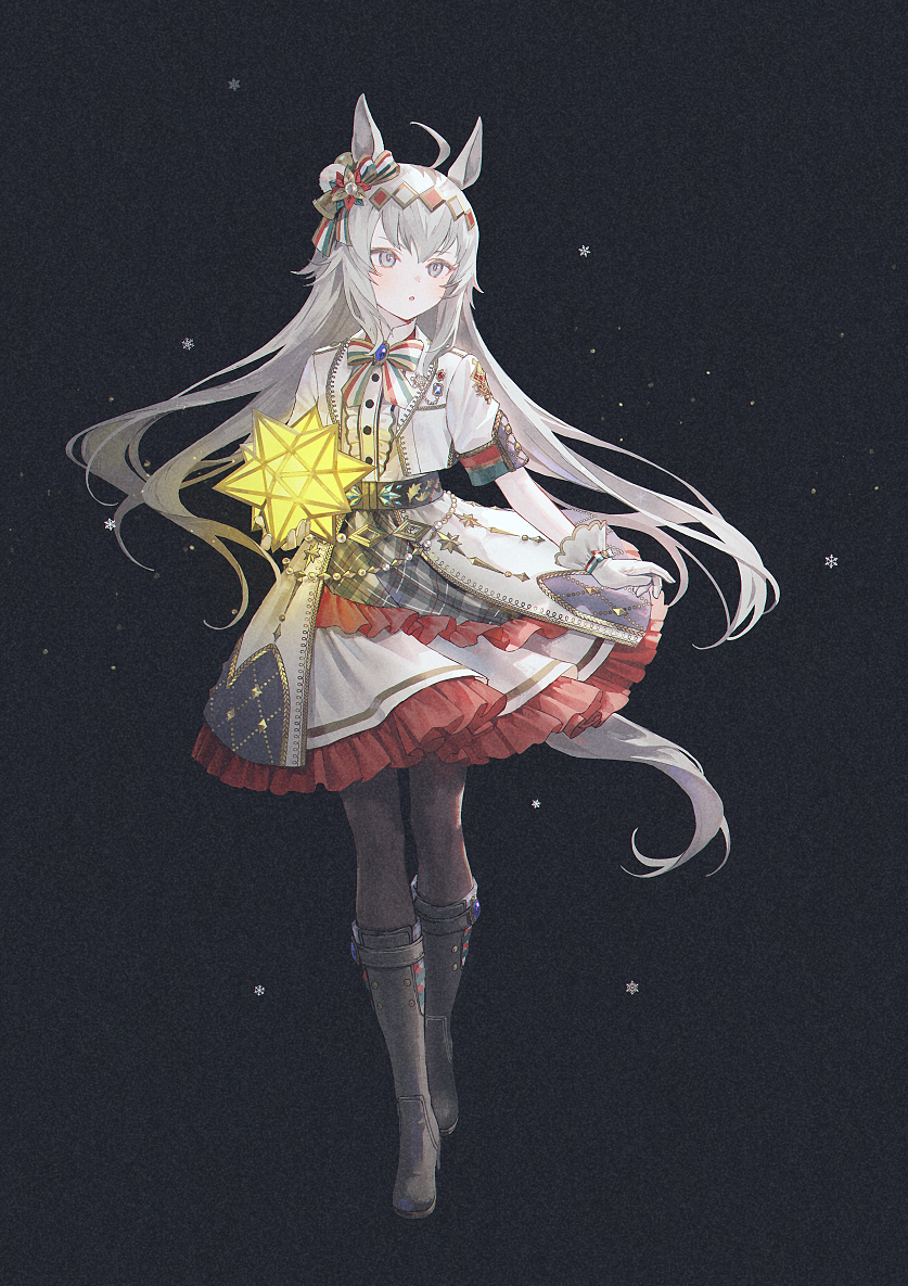 1girl 21_(eotyq58d6do16cs) ahoge animal_ears belt black_background black_footwear blue_eyes boots bow bowtie buttons center_frills collared_shirt frills full_body gloves grey_hair hair_ornament high_collar horse_ears horse_girl horse_tail layered_skirt oguri_cap_(umamusume) pantyhose parted_lips shirt short_sleeves skirt small_stellated_dodecahedron snowflakes solo striped striped_bow striped_bowtie tail umamusume walking white_gloves white_shirt