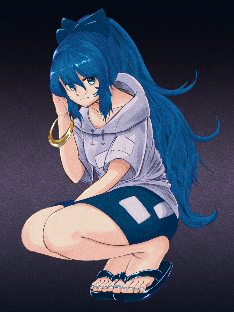 1girl bangle barefoot blue_bow blue_eyes blue_hair blue_nails blue_skirt bow bracelet breasts closed_mouth collarbone eyebrows_visible_through_hair gold gradient gradient_background grey_hoodie hair_bow hood hoodie jewelry long_hair nail_polish sandals short_hair simple_background skirt small_breasts squatting takeguchi_kouhei toenail_polish toenails toes touhou yorigami_shion