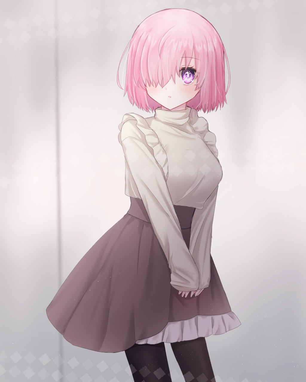 1girl black_legwear blush fate/grand_order fate_(series) grey_background grey_skirt hair_over_one_eye harukappa highres long_sleeves looking_at_viewer mash_kyrielight miniskirt open_mouth pantyhose pink_hair shiny shiny_hair short_hair skirt sleeves_past_wrists solo standing sweater violet_eyes white_sweater