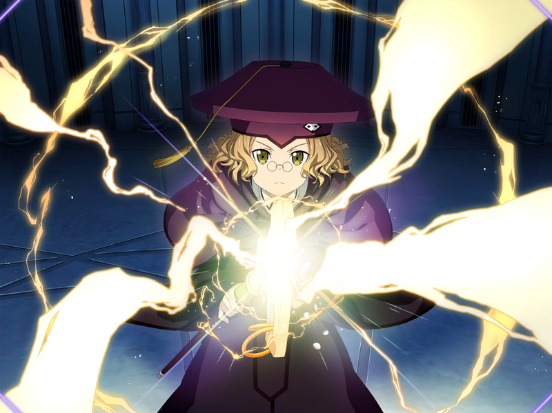 1girl brown_eyes capelet cardinal_(sao) closed_mouth dress frown game_cg glasses hat holding holding_staff indoors light_brown_hair looking_at_viewer medium_hair purple_capelet purple_dress purple_headwear solo staff standing sword_art_online sword_art_online:_alicization_rising_steel