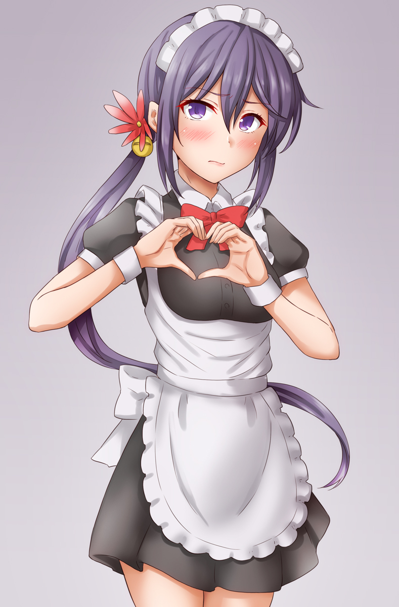 1girl akebono_(kancolle) alternate_costume anti_(untea9) apron bell black_dress blush collared_dress cowboy_shot dress embarrassed enmaided eyebrows_visible_through_hair flower frilled_apron frilled_dress frills gradient gradient_background grey_background hair_bell hair_between_eyes hair_flower hair_ornament heart heart_hands highres kantai_collection long_hair maid maid_apron maid_headdress puffy_short_sleeves puffy_sleeves purple_hair red_neckwear short_sleeves side_ponytail solo very_long_hair violet_eyes waist_apron white_apron wrist_cuffs