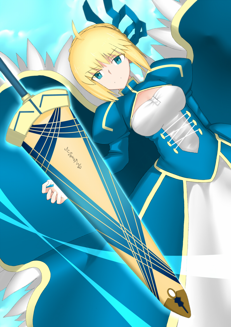 1girl ahoge artoria_pendragon_(all) avalon_(fate/stay_night) blonde_hair blue_ribbon breasts cleavage_cutout clothing_cutout excalibur_(fate/stay_night) fate/grand_order fate/stay_night fate_(series) green_eyes hair_bun hair_ribbon holding holding_weapon juliet_sleeves long_sleeves medium_breasts nekotoinukana puffy_sleeves ribbon saber solo sword weapon