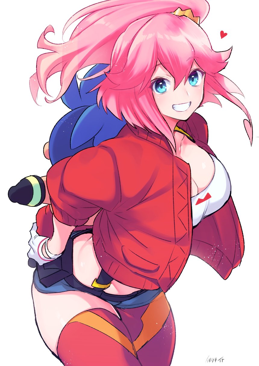 1boy 1girl aina_ardebit asymmetrical_legwear bangs black_gloves blue_eyes blue_hair cropped_jacket eyebrows_visible_through_hair galo_thymos gloves grin hair_between_eyes heart highres jacket looking_at_viewer midriff pink_hair promare red_jacket short_shorts shorts side_ponytail smile suspenders symbol-only_commentary takatsuki_ichi thigh-highs toy uneven_legwear white_gloves