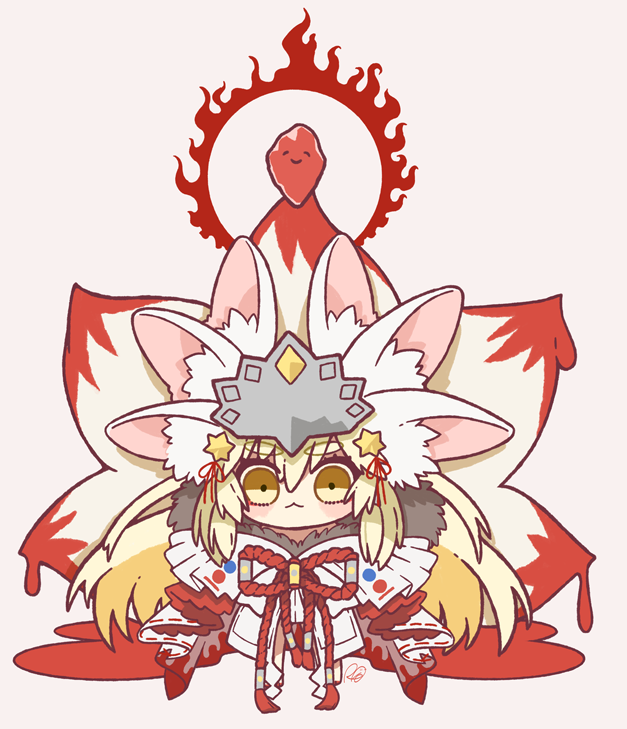 1girl animal_ear_fluff animal_ears bangs beast_iv:l blonde_hair blood blush chibi closed_mouth commentary_request crown dripping extra_ears eyebrows_visible_through_hair fate/grand_order fate_(series) fire fox_ears fox_girl fox_tail fur-trimmed_kimono fur_trim hair_between_eyes hair_ornament japanese_clothes kimono kitsune koyanskaya_(fate) long_hair looking_at_viewer red_ribbon ribbon riyo_(lyomsnpmp)_(style) rkp rope shimenawa sidelocks signature simple_background smile solo tail tamamo_(fate) very_long_hair white_background white_kimono yellow_eyes