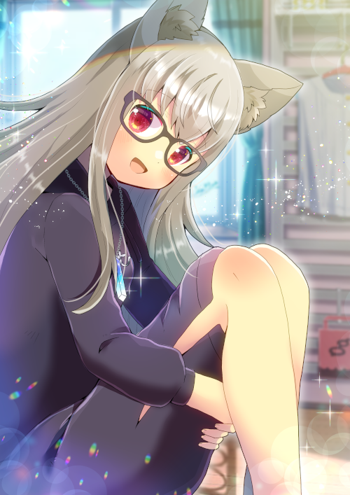 1girl :d animal_ear_fluff animal_ears bangs black-framed_eyewear black_shirt black_shorts blurry blurry_background commission copyright_request depth_of_field eyebrows_visible_through_hair from_side glasses glowing grey_hair head_tilt hugging_own_legs indoors knees_up kou_hiyoyo long_hair long_sleeves looking_at_viewer looking_to_the_side puffy_long_sleeves puffy_sleeves red_eyes shirt shorts sitting skeb_commission smile solo very_long_hair