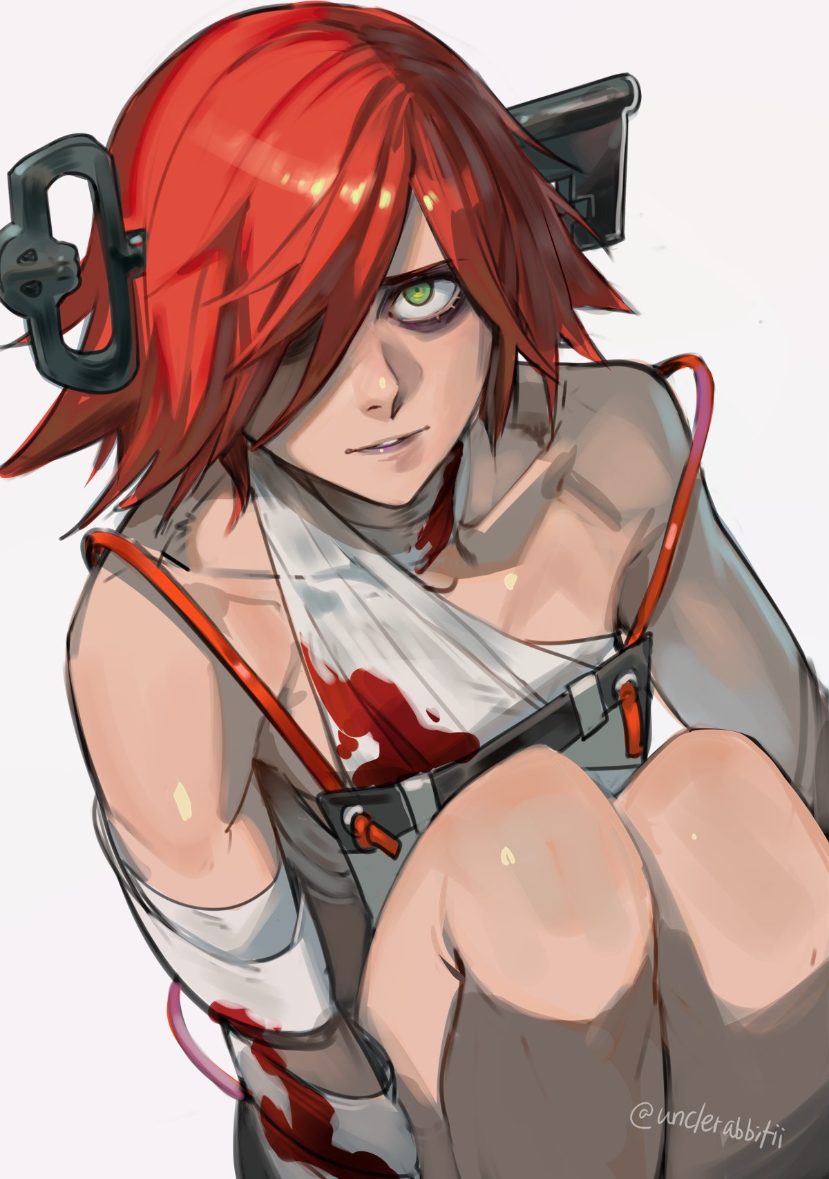 1girl a.b.a bags_under_eyes bandages bare_legs blood blood_on_bandages breasts collarbone fetal_position gloves green_eyes grey_background guilty_gear guilty_gear_xx hair_between_eyes hair_over_one_eye hand_on_own_chest highres key key_in_head lips lipstick looking_at_viewer looking_up makeup medium_breasts purple_lips redhead short_hair simple_background solo teeth twitter_username uncle_rabbit_ii