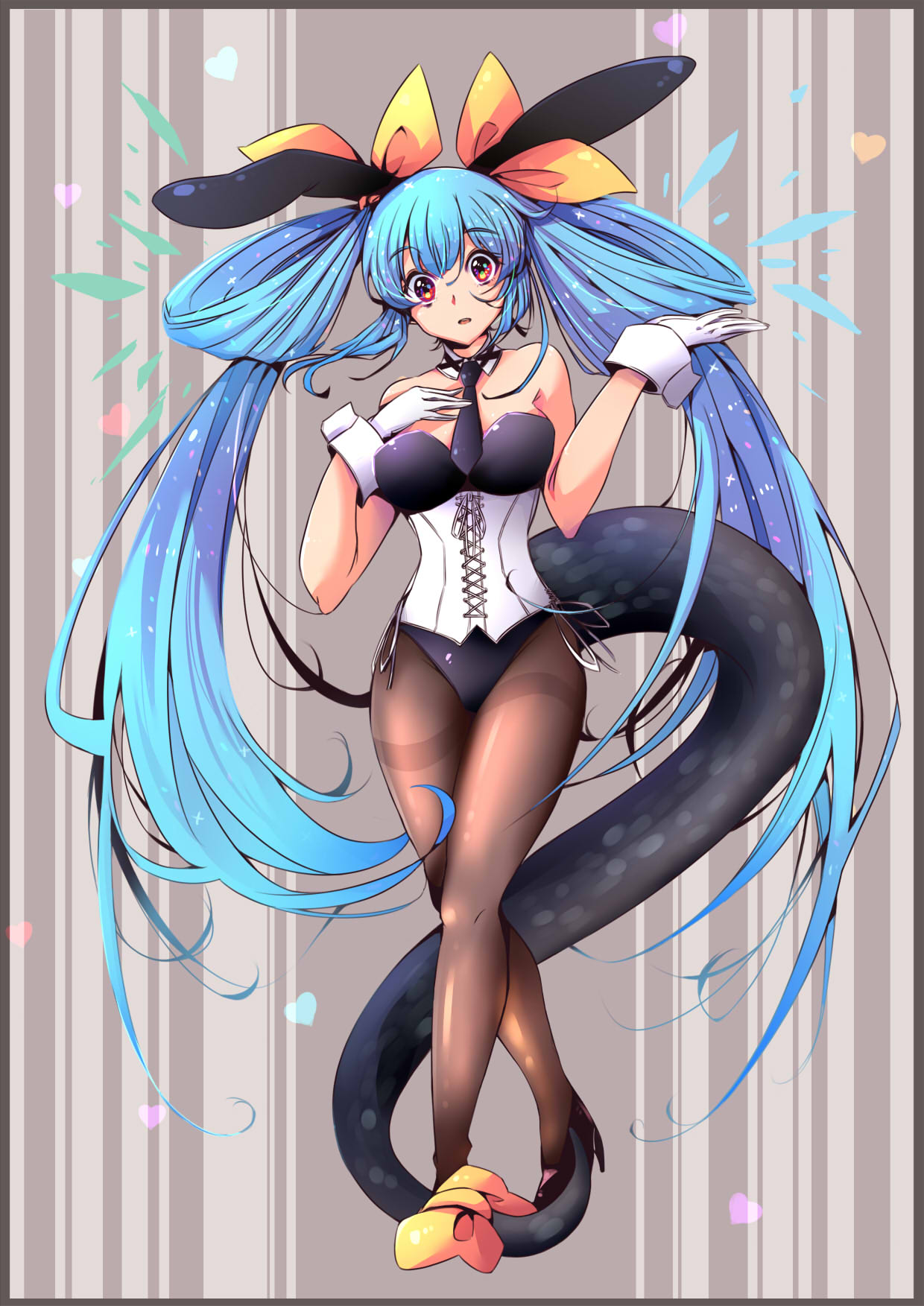 1girl animal_ears bangs bare_shoulders black_bow black_necktie blue_hair bow breasts dizzy_(guilty_gear) fake_animal_ears gloves guilty_gear guilty_gear_xrd hair_ribbon hair_rings hand_on_own_chest heart high_heels highres iguana_henshuu-chou large_breasts long_hair monster_girl necktie open_mouth pantyhose playboy_bunny rabbit_ears red_eyes ribbon solo tail tail_ornament tail_ribbon thigh-highs twintails white_gloves wrist_cuffs yellow_ribbon