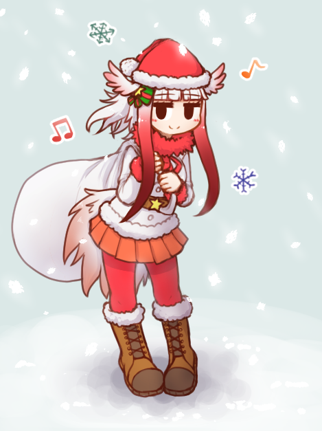 1girl alternate_costume aticotta bangs black_eyes blunt_bangs blush boots brown_footwear christmas closed_mouth cross-laced_footwear eyebrows_visible_through_hair full_body hat head_wings japanese_crested_ibis_(kemono_friends) kemono_friends knee_boots lace-up_boots looking_at_viewer medium_hair musical_note no_gloves orange_skirt pantyhose pleated_skirt red_headwear red_legwear redhead santa_costume santa_hat sidelocks skirt smile snowflakes solo white_hair
