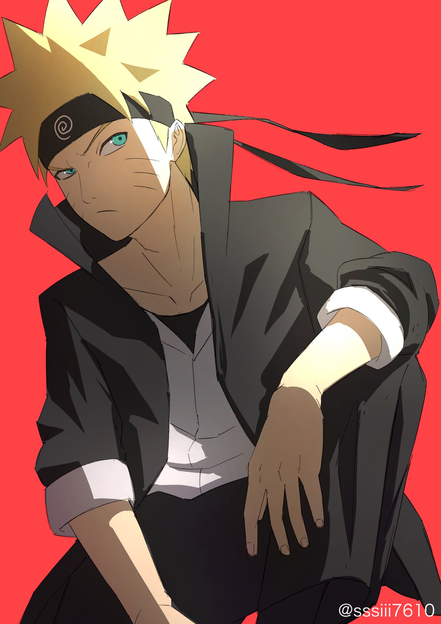 1boy bandana black_suit blonde_hair blue_eyes closed_mouth commentary facial_mark highres looking_at_viewer male_focus naruto naruto_(series) red_background short_sleeves simple_background spiky_hair sssiii7610 uzumaki_naruto