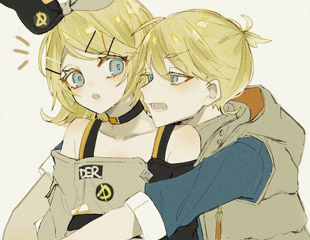 1boy 1girl aqua_eyes bangs bare_shoulders blonde_hair blush bow choker collarbone colored_eyelashes crop_top hair_bow hair_ornament hairclip half-closed_eyes head_on_another's_shoulder hood hooded_jacket hug hug_from_behind jacket kagamine_len kagamine_rin looking_at_another looking_back maca1227 open_mouth project_sekai serious short_ponytail short_sleeves sleeveless sleeveless_jacket surprised swept_bangs two-tone_bow vocaloid zipper