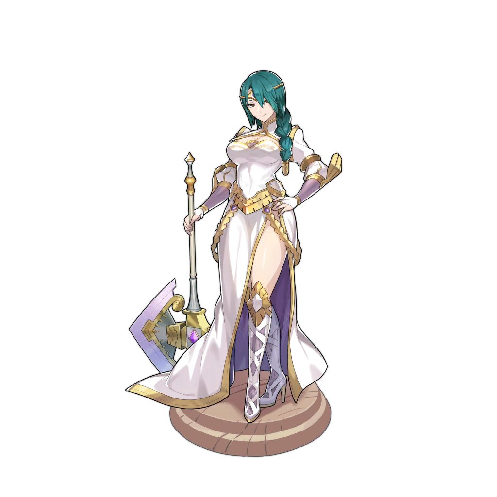 1girl artist_request asymmetrical_bangs axe bangs boots braid braided_ponytail bridal_gauntlets brown_eyes cleavage_cutout clothing_cutout dragalia_lost fire_emblem fire_emblem_heroes green_hair high_heels holding holding_axe legs long_hair looking_at_viewer official_art thigh-highs thigh_boots thighs thorr_(fire_emblem) turtleneck