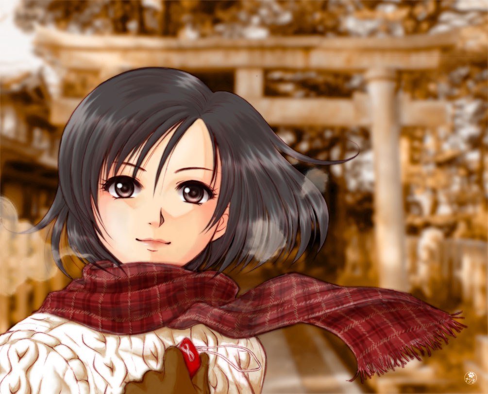 1girl bangs black_eyes black_hair blurry blurry_background brown_gloves gloves hand_on_own_chest harasaki_nozomi holding lips looking_at_viewer medium_hair nashiko_(tinyrelation) outdoors parted_hair patterned_clothing photo_background red_scarf scarf sega shenmue shrine signature smile solo sweater white_sweater