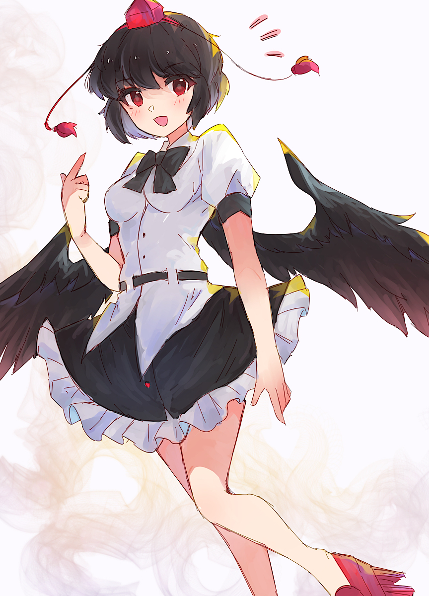1girl belt bird_wings black_belt black_hair black_ribbon black_skirt black_wings blush breasts collared_shirt commentary_request eyebrows_visible_through_hair feathered_wings feathers foot_out_of_frame frilled_skirt frills geta hat highres medium_breasts no_socks open_mouth puffy_short_sleeves puffy_sleeves ra_mun5239 red_eyes red_footwear ribbon shameimaru_aya shirt short_hair short_sleeves simple_background skirt tassel tengu tengu-geta tokin_hat touhou white_background white_shirt wings