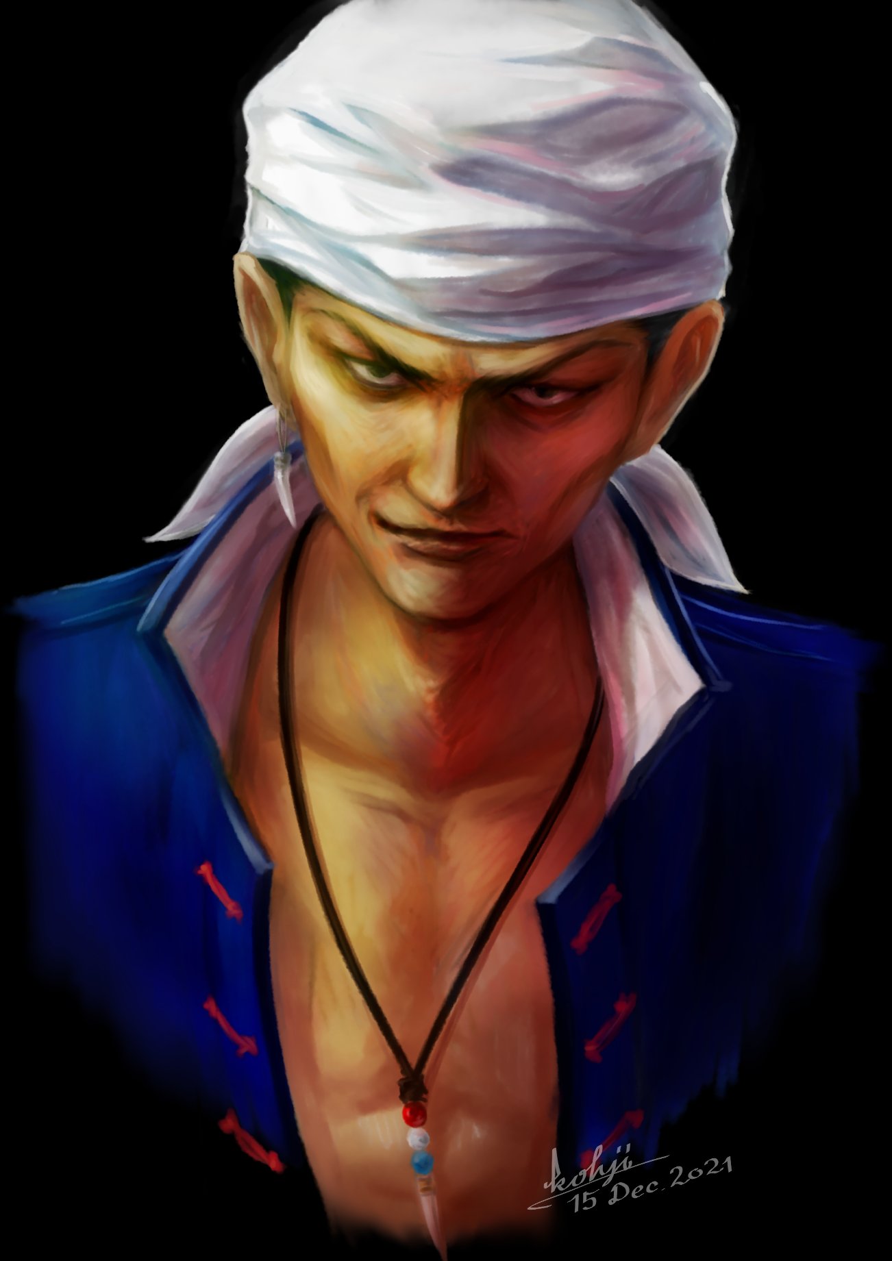 1boy bandana black_background blue_shirt brown_eyes chinese_clothes closed_mouth earrings gangster highres jewelry kohji male_focus manly muscular muscular_male necklace open_clothes open_shirt ren_wu_ying sega shenmue shenmue_ii shenmue_iii shirt signature simple_background solo upper_body white_bandana