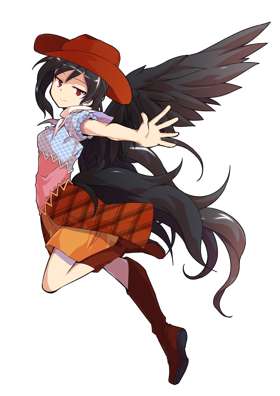 1girl arm_up bangs bare_shoulders black_hair blue_dress boots breasts brown_dress brown_footwear brown_headwear closed_mouth cowboy_hat dairi dress eyebrows_visible_through_hair flying hair_between_eyes hand_up hat highres horse_tail kurokoma_saki leg_up long_hair looking_to_the_side medium_breasts multicolored_clothes multicolored_dress off-shoulder_dress off_shoulder orange_dress pink_dress plaid plaid_dress ponytail puffy_short_sleeves puffy_sleeves red_eyes scarf short_sleeves smile solo tail touhou white_scarf wings