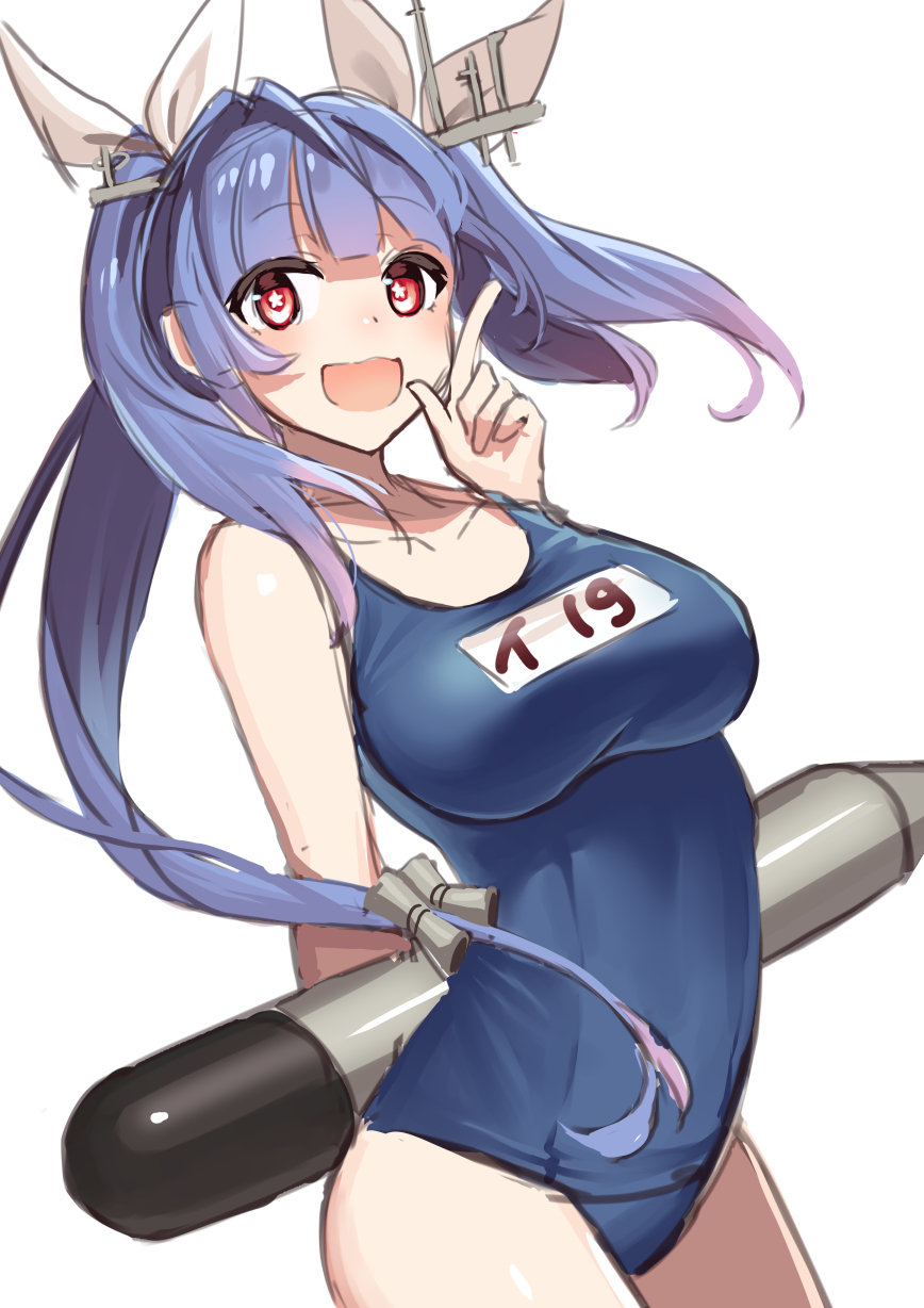 1girl akagi_kurage blue_hair breasts cowboy_shot eyebrows_visible_through_hair flower-shaped_pupils hair_between_eyes hair_ornament hair_ribbon highres holding holding_torpedo i-19_(kancolle) kantai_collection large_breasts long_hair looking_at_viewer name_tag one-piece_swimsuit open_mouth red_eyes ribbon school_swimsuit simple_background solo swimsuit symbol-shaped_pupils torpedo tri_tails white_background