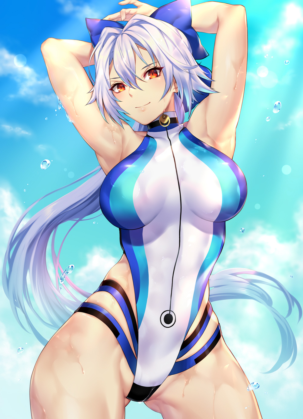 1girl absurdres blue_bow blue_jacket blue_swimsuit bow breasts cropped_jacket fate/grand_order fate_(series) hair_bow highleg highleg_swimsuit highres jacket long_hair medium_breasts multicolored multicolored_clothes multicolored_swimsuit nasaniliu one-piece_swimsuit ponytail red_eyes short_sleeves shrug_(clothing) silver_hair solo standing striped_wristband swimsuit tomoe_gozen_(fate/grand_order) tomoe_gozen_(swimsuit_saber)_(fate) two-tone_swimsuit very_long_hair wading white_swimsuit