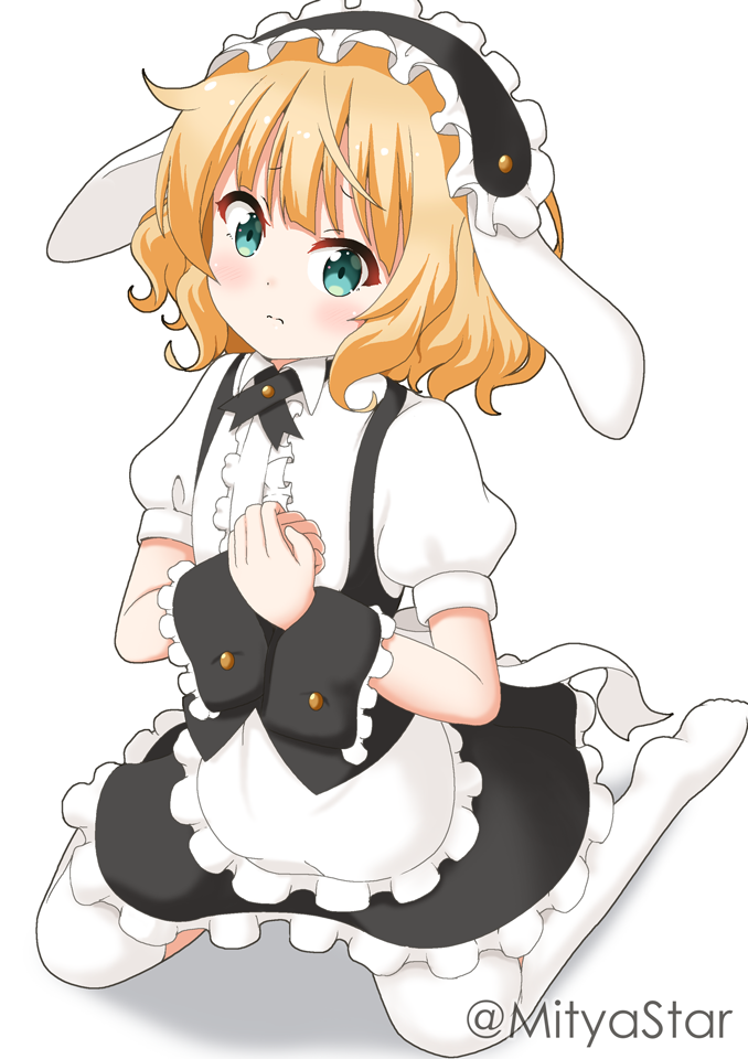 1girl animal_ears apron bangs black_hairband black_skirt blonde_hair blush center_frills closed_mouth collared_shirt commentary_request eyebrows_visible_through_hair fake_animal_ears fleur_de_lapin_uniform floppy_ears frilled_apron frilled_hairband frilled_skirt frills full_body gochuumon_wa_usagi_desu_ka? green_eyes hairband kirima_sharo kneeling looking_at_viewer mitya own_hands_together puffy_short_sleeves puffy_sleeves rabbit_ears shadow shirt short_sleeves skirt solo thigh-highs twitter_username uniform waist_apron waitress white_apron white_background white_legwear white_shirt wrist_cuffs