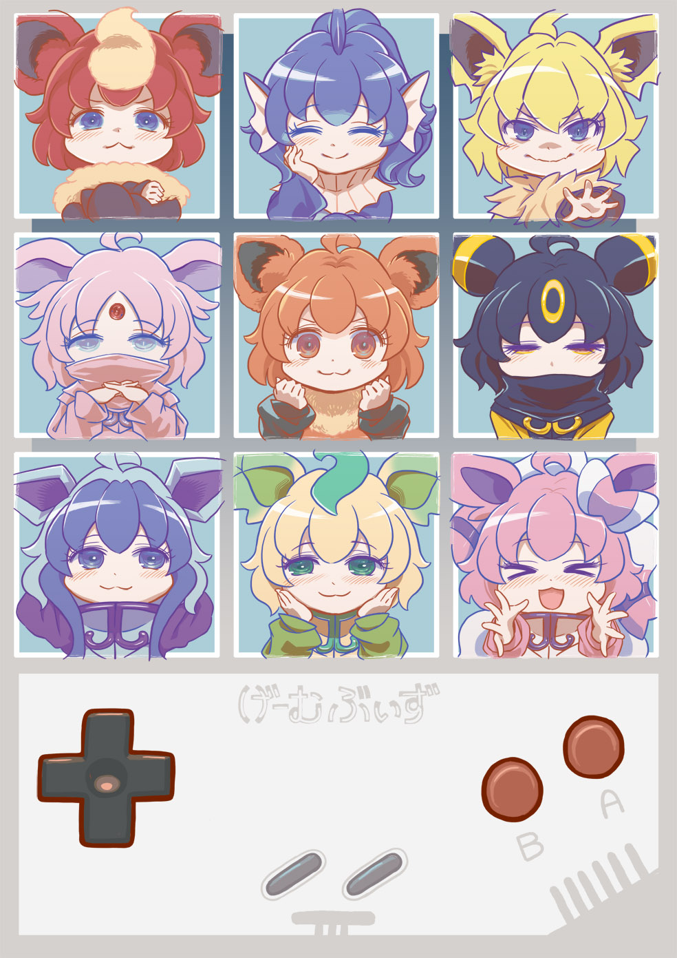 &gt;_&lt; 6+girls :3 ahoge animal_ear_fluff arms_behind_head bangs black_hair black_scarf blonde_hair blue_eyes blue_hair brown_eyes brown_hair closed_eyes closed_mouth commentary_request cookie_(touhou) crossed_arms eevee espeon eyebrows_visible_through_hair flareon forehead_jewel game_boy game_boy_(original) glaceon green_eyes half-closed_eyes handheld_game_console hands_on_own_cheeks hands_on_own_face head_fins highres interlocked_fingers jolteon leafeon long_sleeves looking_at_viewer multicolored_hair multiple_girls nyon_(cookie) open_mouth outstretched_hand own_hands_together pink_hair pink_scarf pokemon reaching_out redhead scarf short_hair smile sylveon translation_request tsuzuchii two-tone_hair umbreon upper_body v-shaped_eyebrows vaporeon yellow_eyes